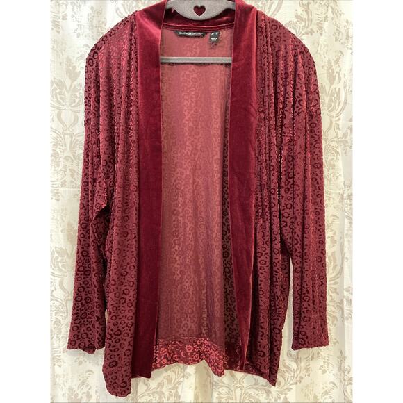 Isaac Mizrahi Live! Burgundy Velvet Leopard Print Open Front Cardigan - Size M - Picture 1 of 5